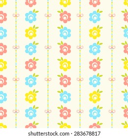 Seamless vector pattern with bows on a colorful strips background and colorful flowers. For cards, invitations, wedding or baby shower albums, backgrounds, arts and scrapbooks.
