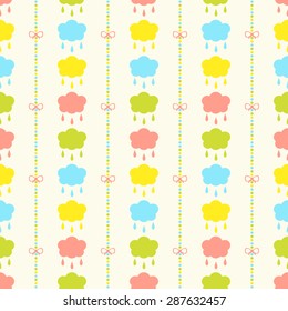 Seamless vector pattern with bows on a colorful strips background and colorful clouds with drops. For cards, invitations, wedding or baby shower albums, backgrounds, arts and scrapbooks. 
