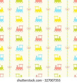 Seamless vector pattern with bows on a colorful strips background, baby trains and colorful baby rocking horse. For cards, invitations, wedding or baby shower albums, backgrounds, arts and scrapbooks.