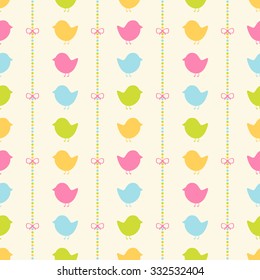 Seamless vector pattern with bows on a colorful strips background and colorful birds. For cards, invitations, wedding or baby shower albums, backgrounds, arts and scrapbooks. 