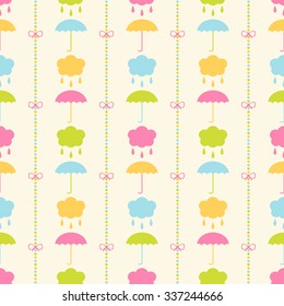 Seamless vector pattern with bows on a colorful strips background and colorful umbrellas, clouds with drops. For cards, invitations, wedding or baby shower albums, backgrounds, arts and scrapbooks. 