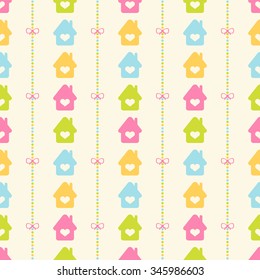Seamless vector pattern with bows on a colorful strips background and colorful houses. For cards, invitations, wedding or baby shower albums, backgrounds, arts and scrapbooks. 