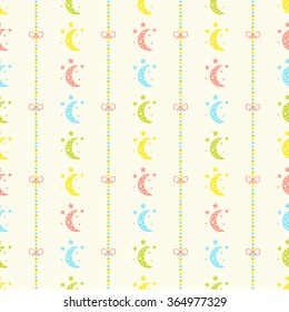 Seamless vector pattern with bows on colorful strips background, colorful moons and stars. For cards, invitations, wedding or baby shower albums, backgrounds, arts and scrapbooks. 