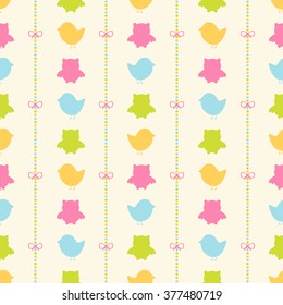 Seamless vector pattern with bows on a colorful strips background, colorful birds and owls. For cards, invitations, wedding or baby shower albums, backgrounds, arts and scrapbooks. 