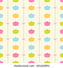 Seamless vector pattern with bows on a colorful strips background, colorful clouds. For cards, invitations, wedding or baby shower albums, backgrounds, arts and scrapbooks. 