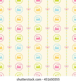 Seamless vector pattern with bows on a colorful strips background and colorful trains. For cards, invitations, wedding or baby shower albums, backgrounds, arts and scrapbooks. 