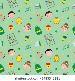 Nahtloses Vektorgrafik-Muster eines Jungen-Mädchen-Gesichts auf einem grünen Hintergrund
