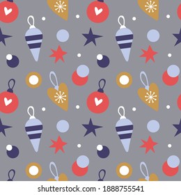 Seamless vector pattern in boy palette with snowmans, snowflakes, christmas tree and presents. Lovely print for children wallpapers, wrapping paper or textile.