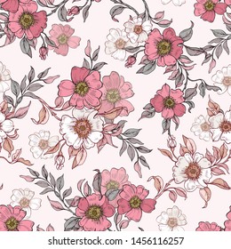 Seamless vector pattern with a branch of a blooming wild rose