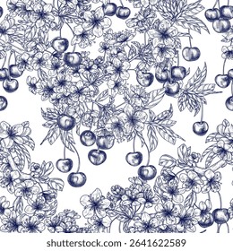 Seamless vector pattern of a branch of blooming cherry with berries in engraving style. Background with an orchard. Berry floral elegant print