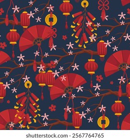 A seamless vector pattern of branches adorned with cherry blossoms, lanterns, fans, and firecrackers, celebrating Chinese New Year. Designed in vibrant colors on a dark background.