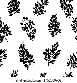 Seamless vector pattern with branches. Black paint branches with small leaves. Brush strokes decorative pattern. Abstract floral, natural motif. Botanical texture for your fabric, wrapping paper.