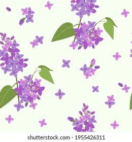 seamless vector pattern with branches of blooming lilacs and individual flowers on a gentle green background
