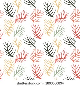Seamless vector pattern with branches of coniferous plants in pastel colors. Background for textiles, Wallpapers, and banners.