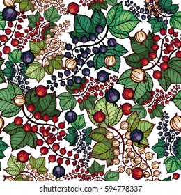 Seamless vector pattern with branches of currants. Red, white and black currants, green leaves. Floral print on white background.