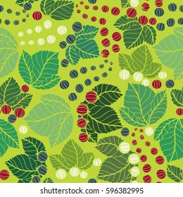Seamless vector pattern with branches of currants. Red, white and black currants, green leaves. Colorful floral print on light green background.