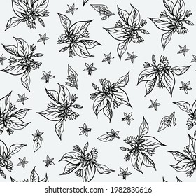 Seamless vector pattern with branches and flowers of citrus plants. Hand drawn plants in quality texture for printing on fabrics and paper