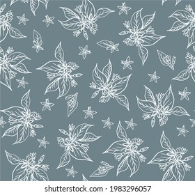 Seamless vector pattern with branches and flowers of citrus plants. Hand drawn plants in quality texture for printing on fabrics and paper