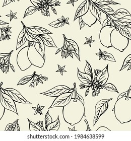 Seamless vector pattern with branches, fruits and flowers of citrus plants. Hand drawn lemons in quality texture for printing on fabrics and paper. Wallpaper with plants