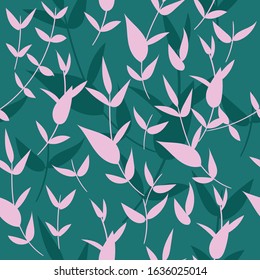 Seamless vector pattern. Branches with leaves. Tropical print with pink and green. Design for textiles, wrappers, packaging.
