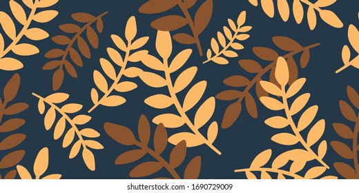 Seamless vector pattern with branches and leaves. Autumn texture on a dark background