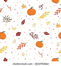 Seamless vector pattern with branches, leaves and pumpkins. Floral pattern with branch and leaves. Autumn pattern. Decor for the thanksgiving day. Nature ornamental pattern. 