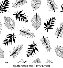 Seamless vector pattern with branches and leaves. Abstract plant elements on a white background. Hand-drawn black doodles. Beautiful background for design, textile, packaging. Monochrome