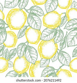 Seamless vector pattern of branches with leaves and fruits of yellow lemons. Modern background from sketches of citrus fruits. Vegetable repeating doodle. Vegetarian food graphic drawing.