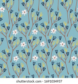 Seamless vector pattern of branches on a blue background.Delicate herbal elements.