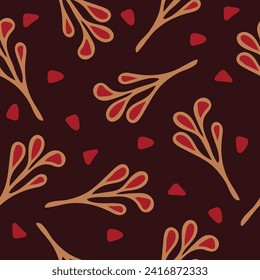 Seamless vector pattern with branches on dark red background. Simple nature wallpaper design. Decorative twig fashion textile.