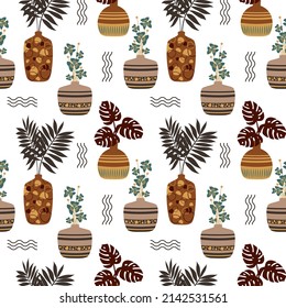 Seamless vector pattern, branches of palm leaves in a flower pot with an ornament for the interior. Abstract lines and dots, tropical plant. For fabric, wallpaper, gift wrapping paper, cover