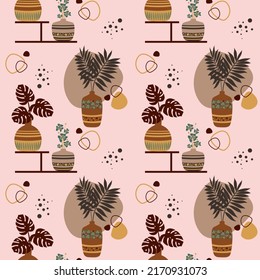 Seamless vector pattern, branches of palm leaves in a flower pot, in a vase and on a shelf with an ornament for the interior. Abstract lines and dots, tropical plant. For fabric, wallpaper, gift wrapp