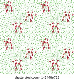 
Seamless vector pattern of branches with red hearts and green leaves in the shape of hearts, interlaced on a white background. Festive cover, wrapping and wrapping background. Abstract cute illustrat