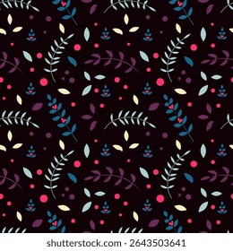 Seamless vector pattern. Branches and red fruits on a dark background. Ideal for textiles, packaging and printing.