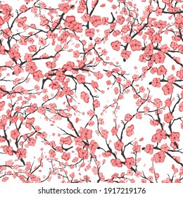 seamless vector pattern with branches of scarlet flowers on a transparent background