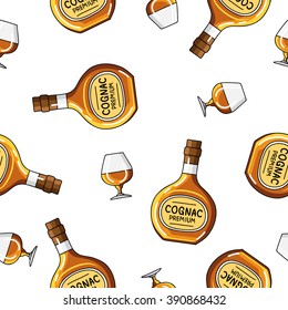 Seamless vector pattern of brandy bottles and glasses on a white background.