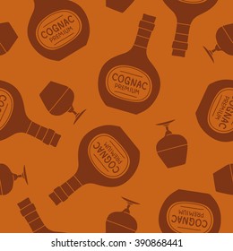 Seamless vector pattern of brandy bottles and glasses on a brown background.