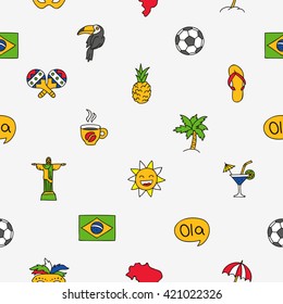 Seamless vector pattern of the Brazilian icons on a light gray background. Wrapping paper.