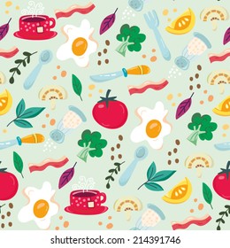 Seamless vector pattern of breakfast: eggs, tea and vegetables.