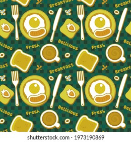 Seamless vector pattern with breakfast food, flat lay