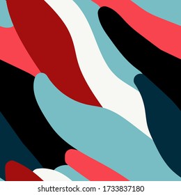 Seamless vector pattern. Bright abstract petal illustration. Positive wave ornament for textiles, packaging, posters, cards, clothes, wrapping paper. Berry red, blue spots and strokes. Color textur