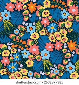 Seamless vector pattern with bright abstract flowers on a vibrant blue background. Eye-catching floral design perfect for fabric, wrapping paper, wallpaper, and bold modern decor projects.