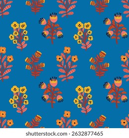Seamless vector pattern with bright abstract flowers on a vibrant blue background. Eye-catching floral design perfect for fabric, wrapping paper, wallpaper, and bold modern decor projects.