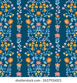 Seamless vector pattern with bright abstract flowers in folk art style on a deep blue background. Perfect for fabric, wallpaper, wrapping paper, and vibrant boho or ethnic-inspired designs.