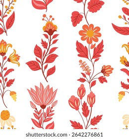 Seamless vector pattern with bright abstract flowers in folk art style on a white background. Perfect for textiles, wallpapers, wrapping paper, and vibrant surface design projects.