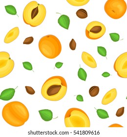 Seamless vector pattern of bright apricot fruit. White background with delicious apricots, whole, slice, half, leaves. Illustration can be used for printing on fabric, textile in design packaging