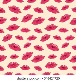 Seamless vector pattern, bright background with lips, red close-up silhouette over pink backdrop.