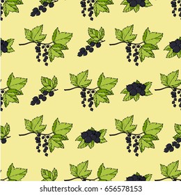 Seamless vector pattern. Bright  branches of blackcurrant pattern on the yellow background.