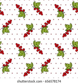 Seamless vector pattern. Bright  branches of red currant pattern on the white and red polka dots background.