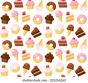 Seamless vector pattern of bright cartoon dessert icons. Cakes, cupcakes, donuts and ice cream in different flavors: vanilla, chocolate and strawberry. 